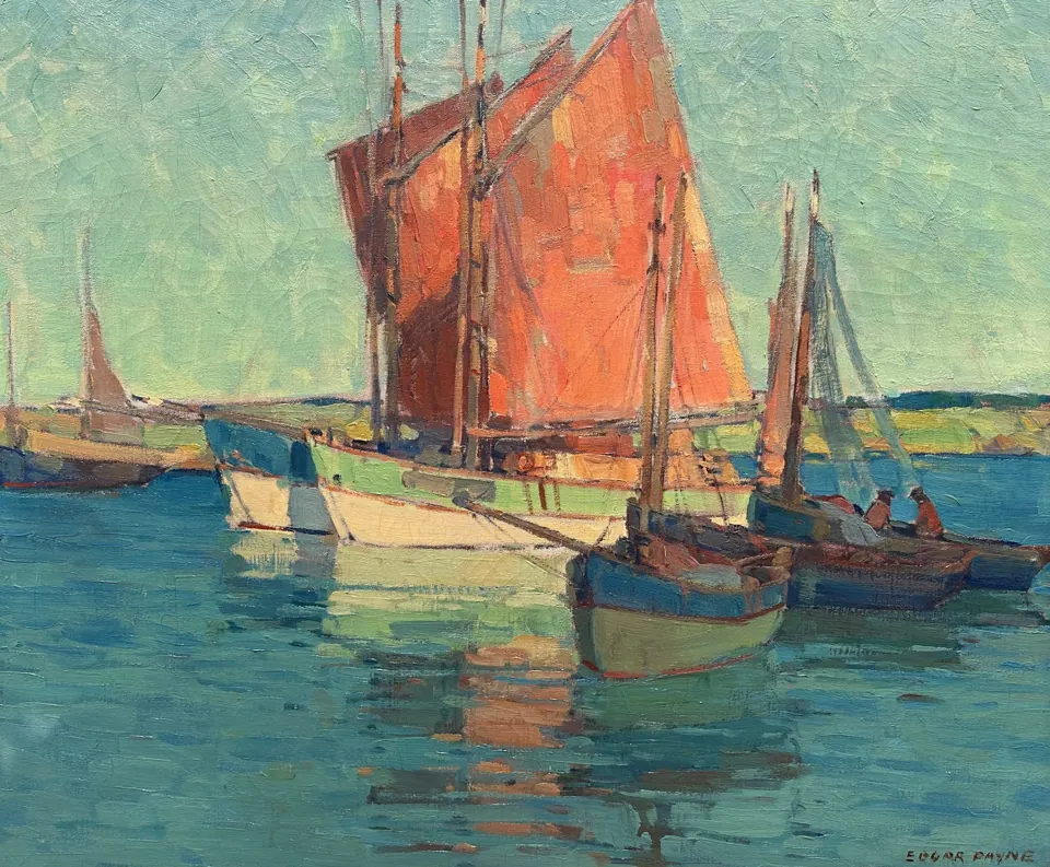 Edgar Payne painting, Fishing Boats at Douarnenez, oil on canvas